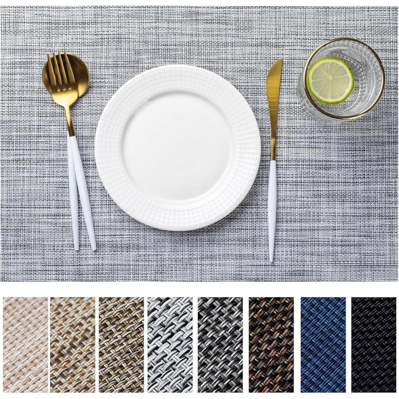 LEXMORE Placemats Set of 4 Vinyl/Plastic Woven Place Mats for Kitchen Table Indoor/Outdoor Washable Placemat Wipeable Dining Table Mats(Gray)
