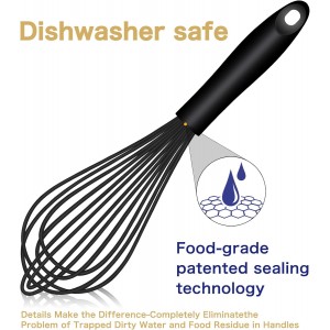Dishwasher Safe Silicone Whisk, Sealed Waterproof Design Set of 3, Professional Kitchen Whisks for Cooking Non-Scratch, Silicone & Stainless Steel Whisk, Heat Resistant Balloon Egg Beater, Black