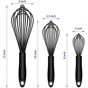 Dishwasher Safe Silicone Whisk, Sealed Waterproof Design Set of 3, Professional Kitchen Whisks for Cooking Non-Scratch, Silicone & Stainless Steel Whisk, Heat Resistant Balloon Egg Beater, Black