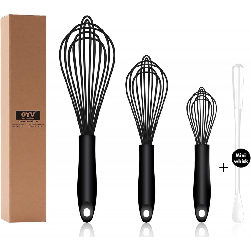Dishwasher Safe Silicone Whisk, Sealed Waterproof Design Set of 3, Professional Kitchen Whisks for Cooking Non-Scratch, Silicone & Stainless Steel Whisk, Heat Resistant Balloon Egg Beater, Black