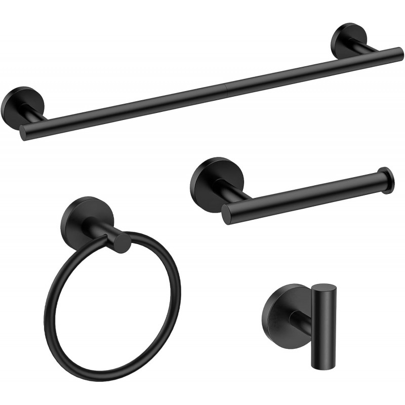 USHOWER Matte Black Bathroom Hardware Set, Modern 24-Inch Towel Bar Set Wall Mounted, Durable SUS304 Stainless Steel Bathroom Accessories Set, 4-Piece