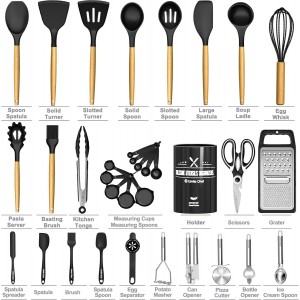 Kitchen Utensils Set- 34PCS Silicone Cooking Utensil with Holder, Umite Chef Heat Resistant Kitchen Spatula Set for Nonstick Cookware, Black Wooden Handles Kitchen Gadgets Tools Set