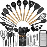 Kitchen Utensils Set- 34PCS Silicone Cooking Utensil with Holder, Umite Chef Heat Resistant Kitchen Spatula Set for Nonstick Cookware, Black Wooden Handles Kitchen Gadgets Tools Set