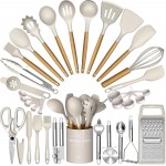 Thickened Silicone Cooking Utensils Set- Umite Chef Khaki Kitchen Utensils Set, 34PCS Heat Resistant Kitchen Gadgets Tools Set with Grater, BPA-Free Kitchen Spatula Set for Nonstick Cookware