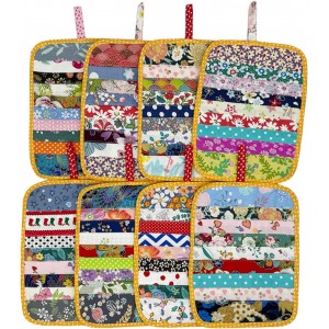 2Pcs Beautiful Cotton Pot Holders for Kitchen, 100% Cotton Fabric Handmade Patchwork Table Mats Set, Heat Resistant Mat Pads with Pocket and Hanging Loop, Potholder Teapot Mitts Washable