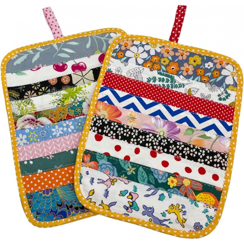 2Pcs Beautiful Cotton Pot Holders for Kitchen, 100% Cotton Fabric Handmade Patchwork Table Mats Set, Heat Resistant Mat Pads with Pocket and Hanging Loop, Potholder Teapot Mitts Washable