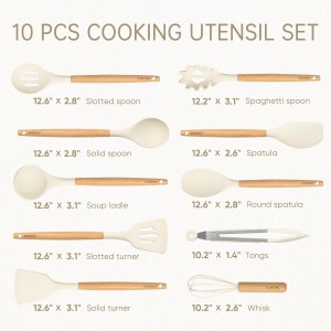 CAROTE Silicone Cooking Utensils Set, Kitchen Utensils Set 10 Pcs for cooking, BPA Free Spatula Set with Heat Resistant Wood Handles for Nonstick Cookware (Cream White)