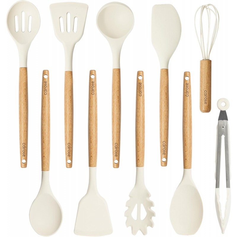 CAROTE Silicone Cooking Utensils Set, Kitchen Utensils Set 10 Pcs for cooking, BPA Free Spatula Set with Heat Resistant Wood Handles for Nonstick Cookware (Cream White)