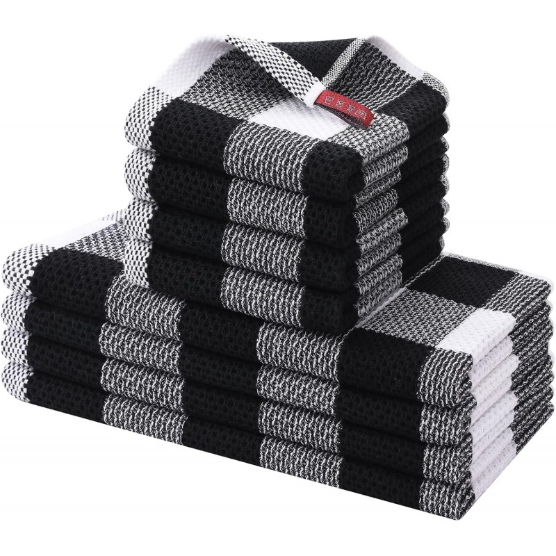 Homaxy Kitchen Towels and Dishcloths Set, 12 x 12 and 13 x 28 Inches, Set of 8 100% Cotton Waffle Weave Check Plaid Kitchen Dish Towels, Super Soft and Absorbent Dish Cloths, White & Black