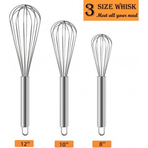 Polly Online Stainless Steel Whisk Set, 3 Packs Balloon Whisk for Cooking, Whisking, Blending (8