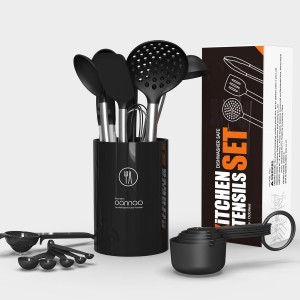 oannao Large Silicone Cooking Utensils Set - Heat Resistant Kitchen Utensils Sets,Spatula,Spoon,Turner Tongs,Whisk,Stainless Steel Cooking Utensil for Nonstick Cookware Dishwasher Safe (Black)