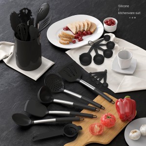 oannao Large Silicone Cooking Utensils Set - Heat Resistant Kitchen Utensils Sets,Spatula,Spoon,Turner Tongs,Whisk,Stainless Steel Cooking Utensil for Nonstick Cookware Dishwasher Safe (Black)