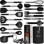 oannao Large Silicone Cooking Utensils Set - Heat Resistant Kitchen Utensils Sets,Spatula,Spoon,Turner Tongs,Whisk,Stainless Steel Cooking Utensil for Nonstick Cookware Dishwasher Safe (Black)