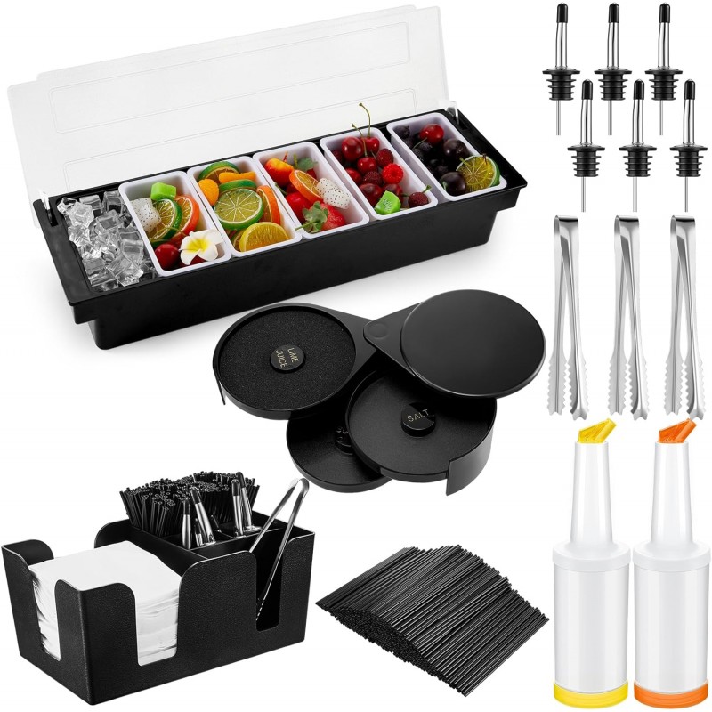 Mifoci Bartending Supplies 6 Compartments Garnish Tray with Lid Bar Caddy 3 Tier Glass Rimmer Stainless Steel Bottle Pourers Juice Pouring Cocktail Tools Plastic Serving Accessories