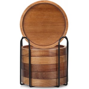 6 Pcs Best Wooden Coasters with Holder Coffee Table Decor Acacia Wood Coaster Set Modern Cup Coaster for Drink Home Dining Table Kitchen Accessories Cute Beer Bar Decorative Rustic Outdoor Coasters