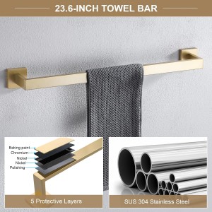 TQKAG 6-Piece Bathroom Towel Bar Sets Brushed Gold 23.6 inch Towel Bar Stainless Steel Towel Ring Coat Hook and Toilet Paper Holder Bathroom Hardware Set Wall Mounted Bathroom Accessories Kit