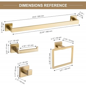 TQKAG 6-Piece Bathroom Towel Bar Sets Brushed Gold 23.6 inch Towel Bar Stainless Steel Towel Ring Coat Hook and Toilet Paper Holder Bathroom Hardware Set Wall Mounted Bathroom Accessories Kit