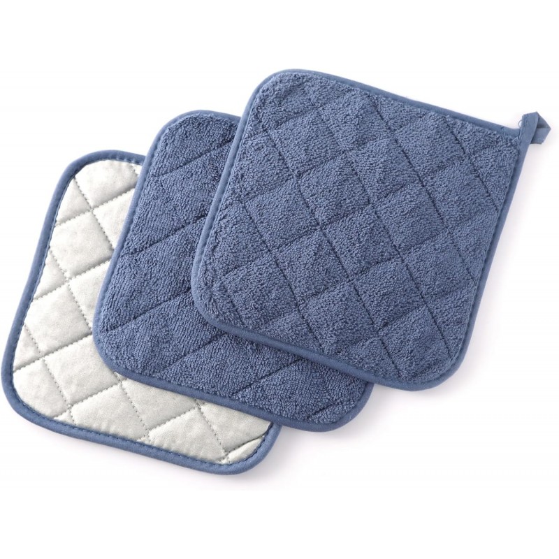 100% Cotton Basic Terry Collection Quilted，Pot Holder for Cooking and Baking，3 Piece. (French Blue)