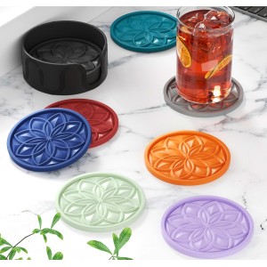 HFHOME Silicone Coasters Set with Holder - 6 Pack Drink Coasters for Coffee Table, Bar, Desk - Tabletop Protection Gift - Black