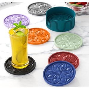 HFHOME Silicone Coasters Set with Holder - 6 Pack Drink Coasters for Coffee Table, Bar, Desk - Tabletop Protection Gift - Black