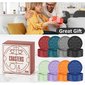 HFHOME Silicone Coasters Set with Holder - 6 Pack Drink Coasters for Coffee Table, Bar, Desk - Tabletop Protection Gift - Black