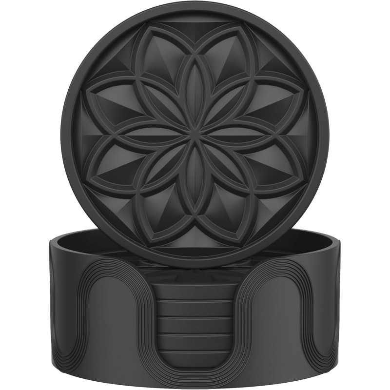 HFHOME Silicone Coasters Set with Holder - 6 Pack Drink Coasters for Coffee Table, Bar, Desk - Tabletop Protection Gift - Black