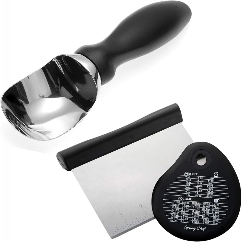 Spring Chef Premium Ice Cream Scoop & Stainless Steel Bench Scraper With Bonus Bowl Scraper - 2 Product Bundle - Black