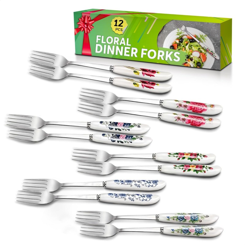 12Pcs Stainless Steel Forks Silverware Set - Reusable Silverware Dinner Forks for Restaurant Ceramic Long Handle Fork Cutlery Set - Dessert Forks and Spoons for Home Kitchen Silverware Forks Set