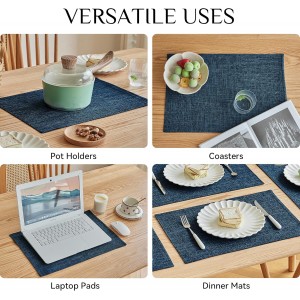 Softalker Faux Linen Placemats Set of 4-12 x 18 Inch, Heat Resistant Double Layered Durable Burlap Farmhouse Place Mats, Non-Slip Washable Rustic Table Mats for Dining, Kitchen, Party（Navy Blue