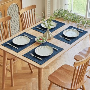Softalker Faux Linen Placemats Set of 4-12 x 18 Inch, Heat Resistant Double Layered Durable Burlap Farmhouse Place Mats, Non-Slip Washable Rustic Table Mats for Dining, Kitchen, Party（Navy Blue