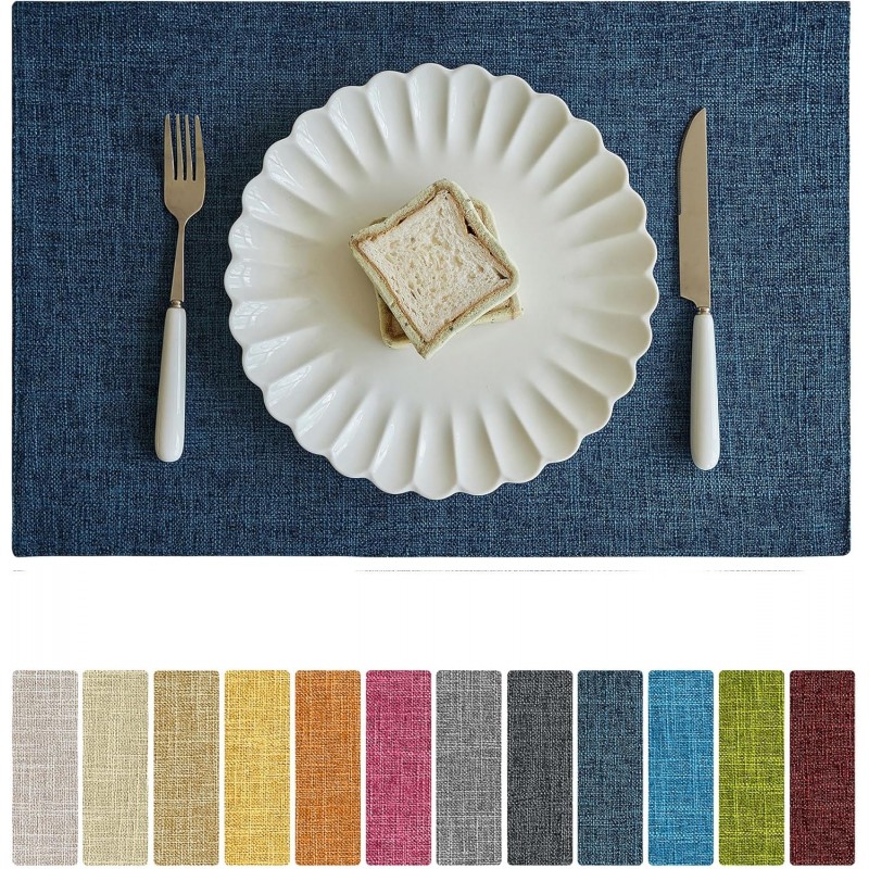 Softalker Faux Linen Placemats Set of 4-12 x 18 Inch, Heat Resistant Double Layered Durable Burlap Farmhouse Place Mats, Non-Slip Washable Rustic Table Mats for Dining, Kitchen, Party（Navy Blue