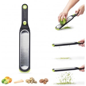 Dreamfarm Ozest Self-Cleaning POP-Button Zester for Fine, Fluffy Citrus Zest, Cheese, Nut, & Spices with Non-Slip Silicone Foot - 1mm Zester, Black/Green