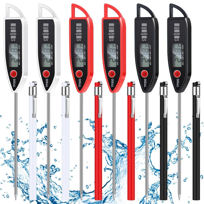 6 Set Waterproof Food Thermometer for Water, Liquid, Candle and Cooking Digital Meat Thermometer with Long Probe Instant Read for Kitchen BBQ Grill Candy (Black,White,Red)