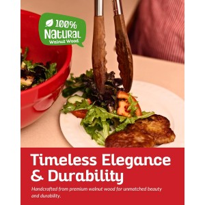 Boxiki Kitchen Wooden Tongs for Cooking - Nonstick Kitchen Salad Tongs for Serving Food, Grilling, Cooking, BBQ and Tossing Salad - Made of Natural Walnut Wood, Size 12-inch