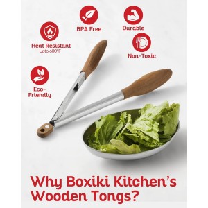 Boxiki Kitchen Wooden Tongs for Cooking - Nonstick Kitchen Salad Tongs for Serving Food, Grilling, Cooking, BBQ and Tossing Salad - Made of Natural Walnut Wood, Size 12-inch