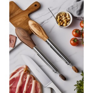 Boxiki Kitchen Wooden Tongs for Cooking - Nonstick Kitchen Salad Tongs for Serving Food, Grilling, Cooking, BBQ and Tossing Salad - Made of Natural Walnut Wood, Size 12-inch