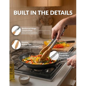 Premium Olive Wood Salad Tongs for Serving, 12 Inch Serving Tongs with 304 Stainless Steel Handle for Salad, Bread, BBQ, Pickles, Toaster & Kitchen Use