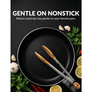 Premium Olive Wood Salad Tongs for Serving, 12 Inch Serving Tongs with 304 Stainless Steel Handle for Salad, Bread, BBQ, Pickles, Toaster & Kitchen Use