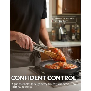 Premium Olive Wood Salad Tongs for Serving, 12 Inch Serving Tongs with 304 Stainless Steel Handle for Salad, Bread, BBQ, Pickles, Toaster & Kitchen Use