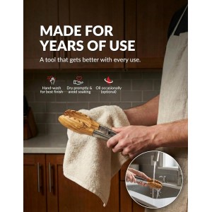 Premium Olive Wood Salad Tongs for Serving, 12 Inch Serving Tongs with 304 Stainless Steel Handle for Salad, Bread, BBQ, Pickles, Toaster & Kitchen Use