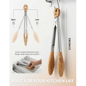 Premium Olive Wood Salad Tongs for Serving, 12 Inch Serving Tongs with 304 Stainless Steel Handle for Salad, Bread, BBQ, Pickles, Toaster & Kitchen Use
