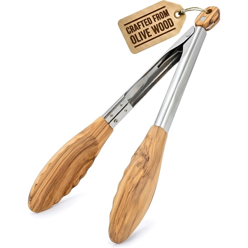 Premium Olive Wood Salad Tongs for Serving, 12 Inch Serving Tongs with 304 Stainless Steel Handle for Salad, Bread, BBQ, Pickles, Toaster & Kitchen Use