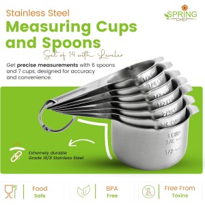 Spring Chef Stainless Steel Measuring Cups and Spoons Set of 14 with Leveler, Nesting Kitchen Metal Measuring Cups and Spoons Set for Dry and Liquid Ingredients, Perfect for Cooking & Baking