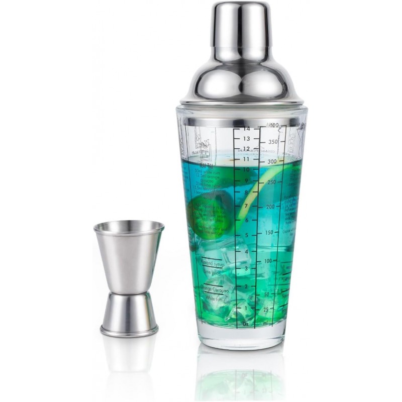 Ailelan Glass Cocktail Shaker with Strainer, 14oz Martini Shaker with 6 Recipes On Side, Clear Drink Shaker Bottle with Measurements, Bar Shakers Set Bartender Kit for Mixing Cocktail, Margarita