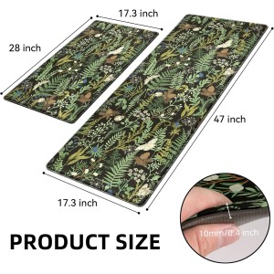 Black Green Botanical Kitchen Rugs Set of 2 Plant Leaf Anti-Fatigue Kitchen Mat Natural Comfort Standing Waterproof PVC Mats 2/5