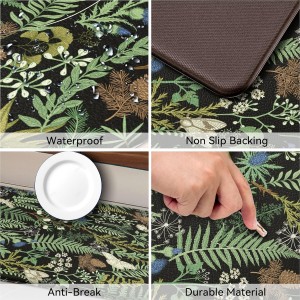 Black Green Botanical Kitchen Rugs Set of 2 Plant Leaf Anti-Fatigue Kitchen Mat Natural Comfort Standing Waterproof PVC Mats 2/5