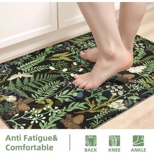 Black Green Botanical Kitchen Rugs Set of 2 Plant Leaf Anti-Fatigue Kitchen Mat Natural Comfort Standing Waterproof PVC Mats 2/5