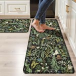 Black Green Botanical Kitchen Rugs Set of 2 Plant Leaf Anti-Fatigue Kitchen Mat Natural Comfort Standing Waterproof PVC Mats 2/5