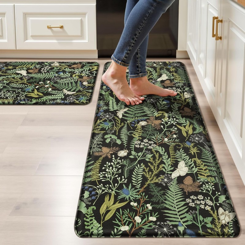 Black Green Botanical Kitchen Rugs Set of 2 Plant Leaf Anti-Fatigue Kitchen Mat Natural Comfort Standing Waterproof PVC Mats 2/5