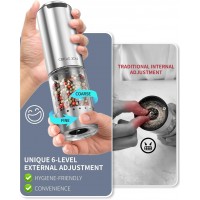 CIRCLE JOY Electric Pepper Grinder Stainless Steel Rechargeable Pepper Mill with External Adjustable Coarseness, 95ml Container and White LED Light, Silver